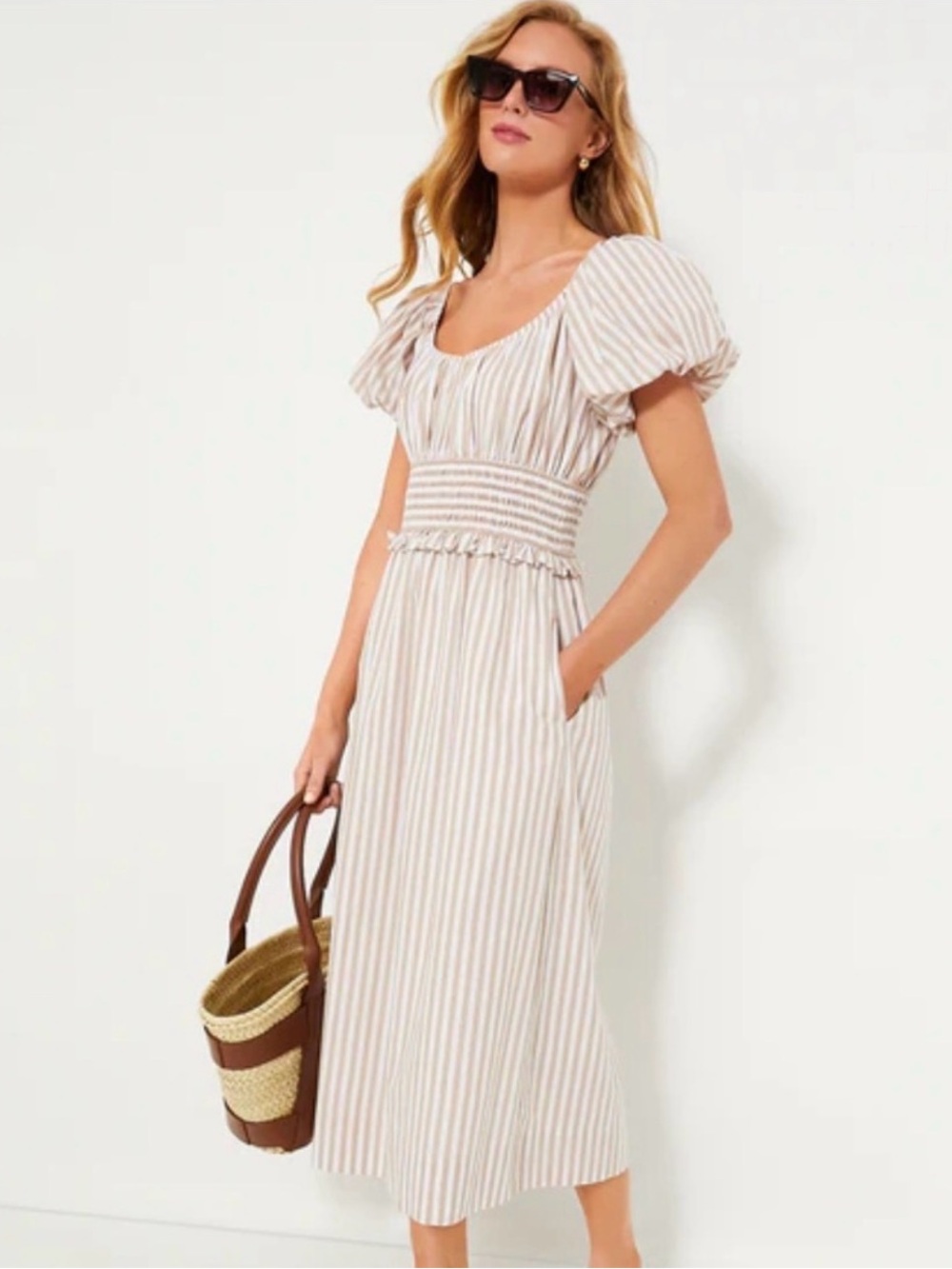 Pomander Place Tuckernuck Tan Stripe Puff Sleeve Flynn Midi Dress M Preppy Chic
